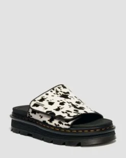 Zebzag plattformsslides i Dalmatian Hair On-läder in Cream & Svart